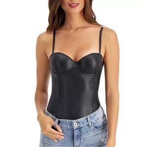 INC International Concepts Faux Leather Thong Bodysuit, Size Small